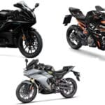 Side-by-side comparison of the upcoming Yamaha YZF-R2, KTM RC 200 and Hero Karizma XMR 210 sport motorcycles.