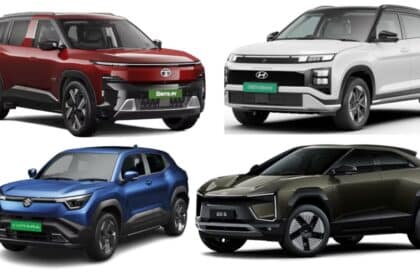 Lineup of electric SUVs of different sizes parked together, representing the range of electric SUVs available in India