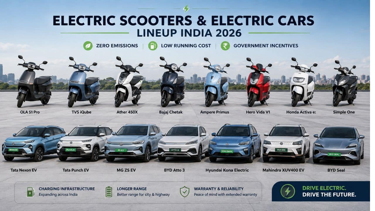 Lineup of popular electric scooters and electric cars available in India