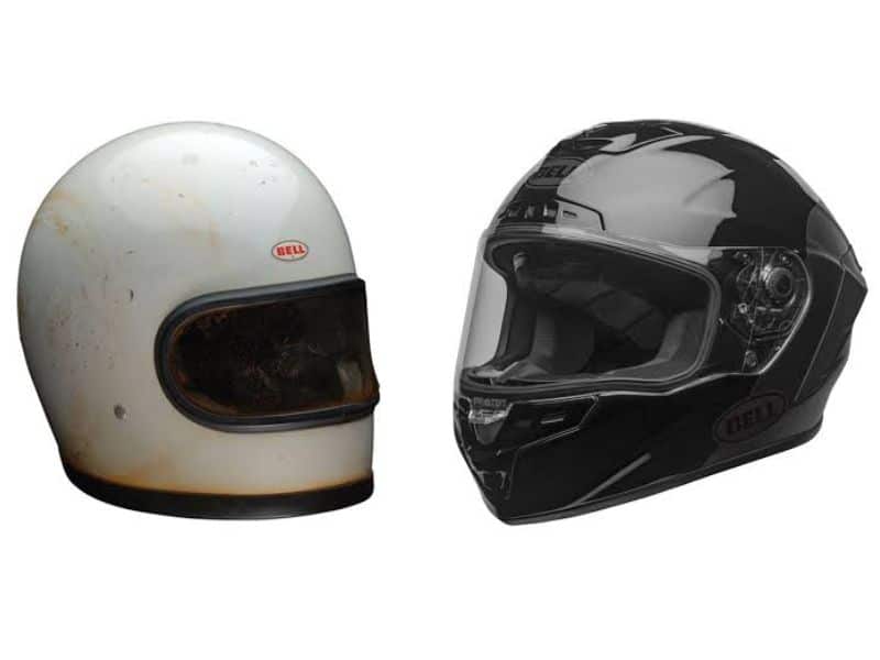 A full-face motorcycle helmet shown beside a modular flip-up helmet for comparison