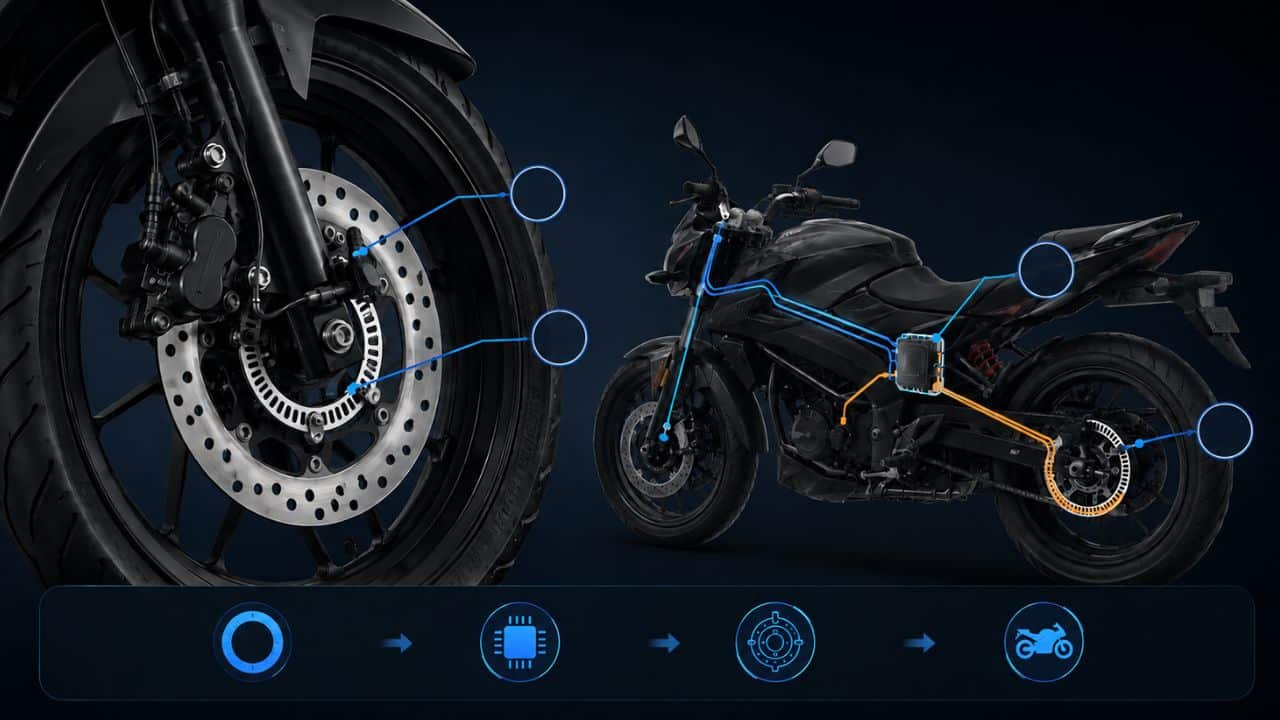 Close-up of a motorcycle wheel showing an ABS sensor and disc brake setup